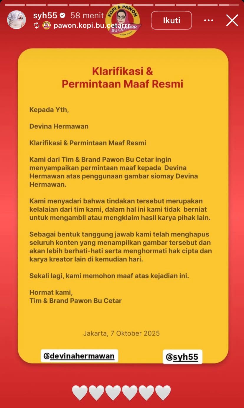 Klarifikasi Aisyahrani dan Pawon Bu Cetar (instagram)